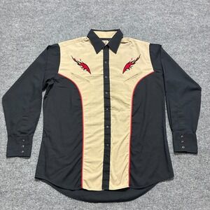 Vintage Ely Cattleman Mens Western Pearl Snap Shirt Large Flame Embroidered Long